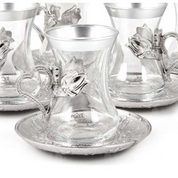 Silver Heartfelt Turkish Tea Set – Elegant Glass and Metal Design with Heart Patterns