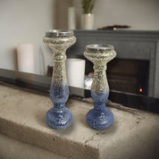 12" SILVER BLUE, CRACKLED  CANDLE HOLDER