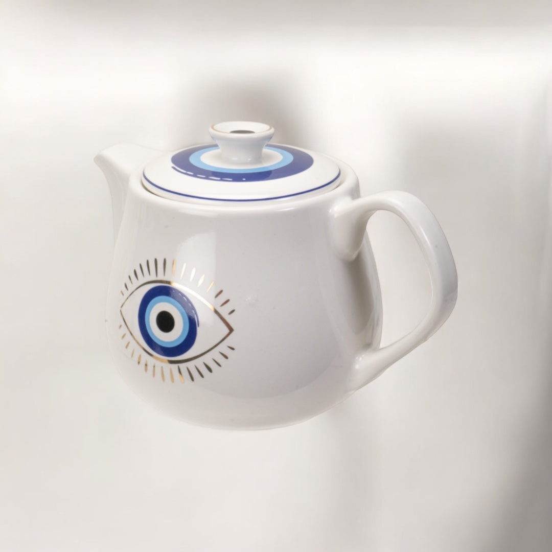 Elegant White Evil Eye Stoneware Teapot