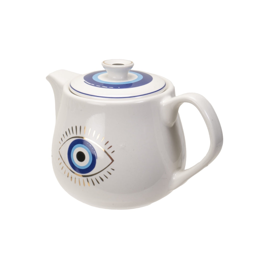 Elegant White Evil Eye Stoneware Teapot