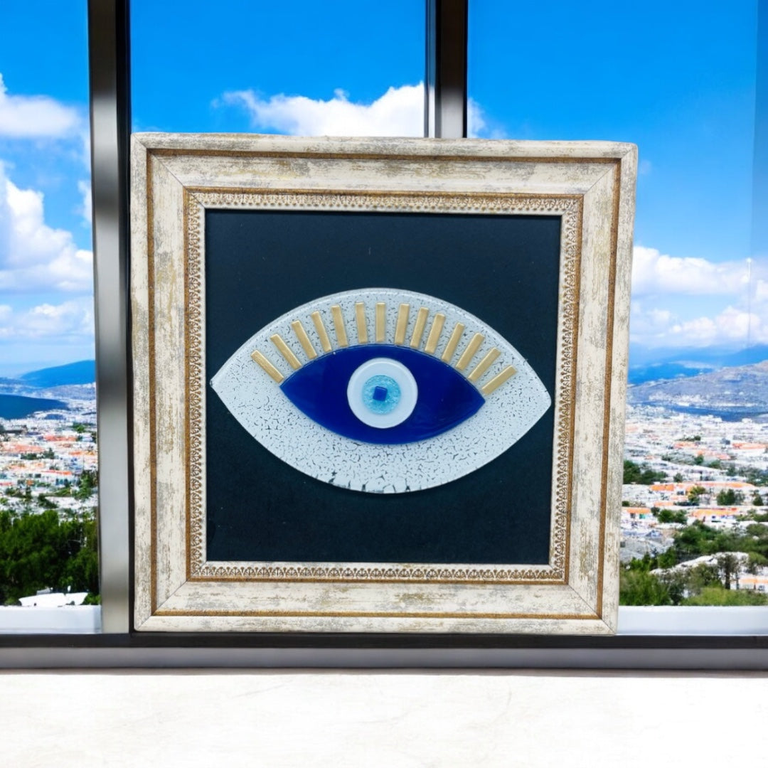 Framed White Evil Eye Wall Art – Fused Glass Protection Gift for Him & Her