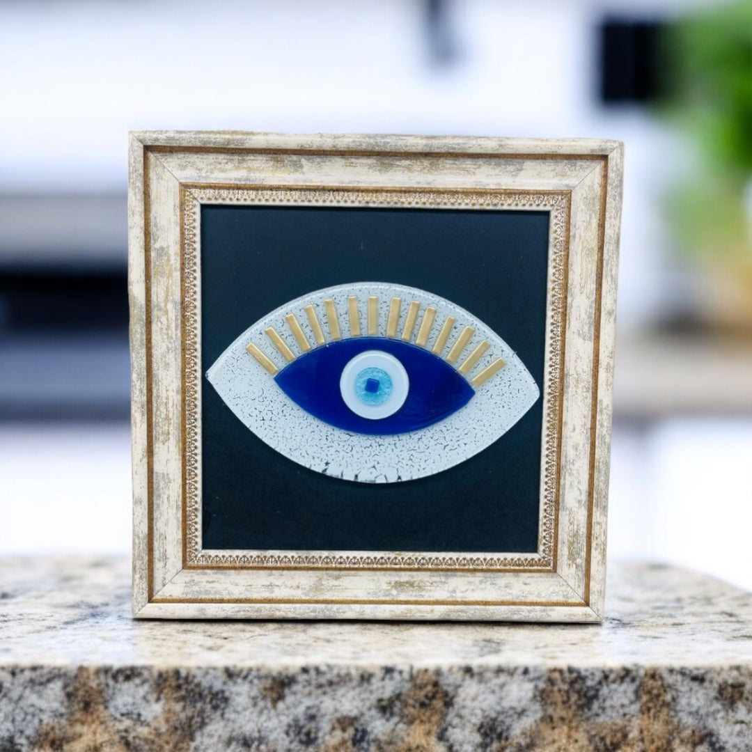 Framed White Evil Eye Wall Art – Fused Glass Protection Gift for Him & Her