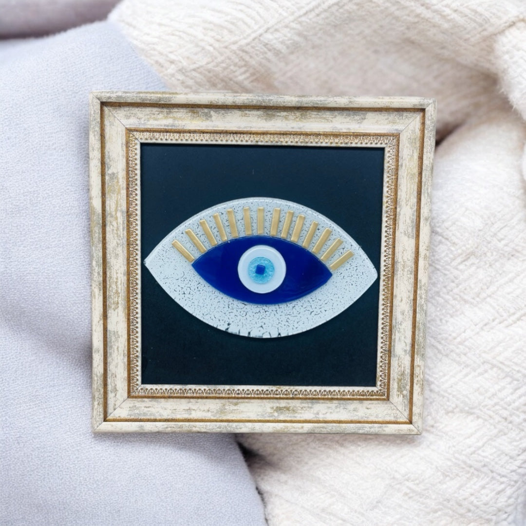 Framed White Evil Eye Wall Art – Fused Glass Protection Gift for Him & Her