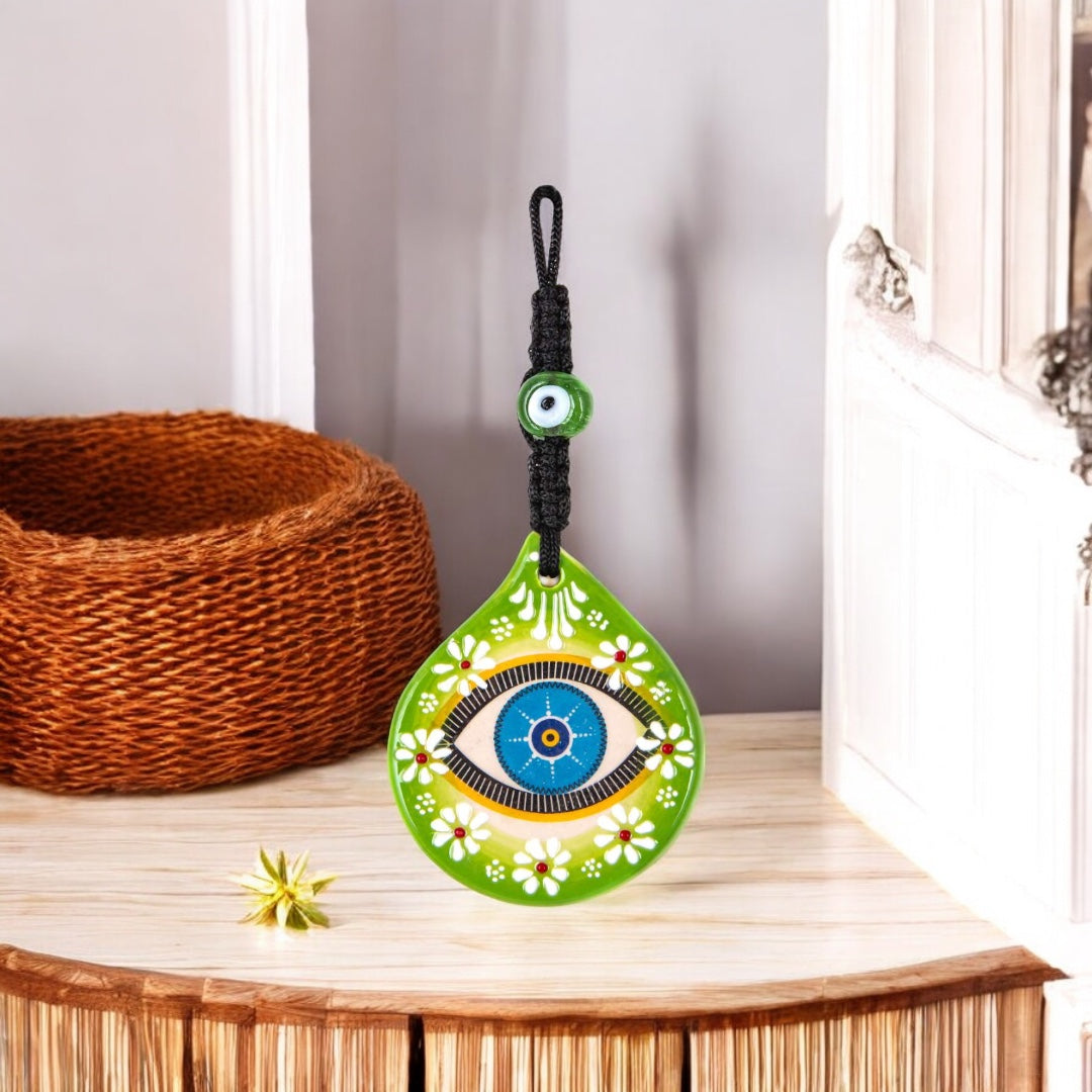 Mystic Teardrop,  Ceramic Evil Eye,  Wall Hanging Ornament, Green and Blue Design, Perfect Gift