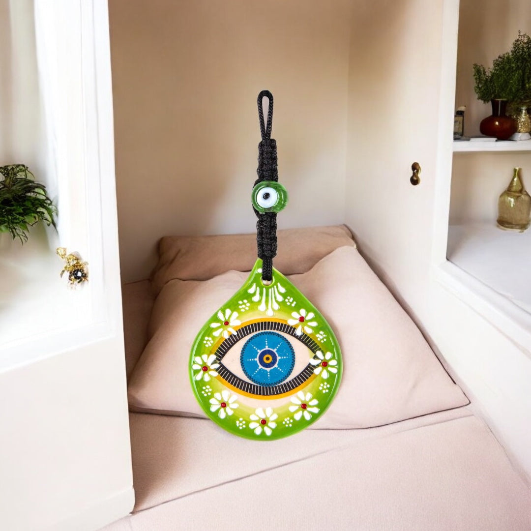 Mystic Teardrop,  Ceramic Evil Eye,  Wall Hanging Ornament, Green and Blue Design, Perfect Gift