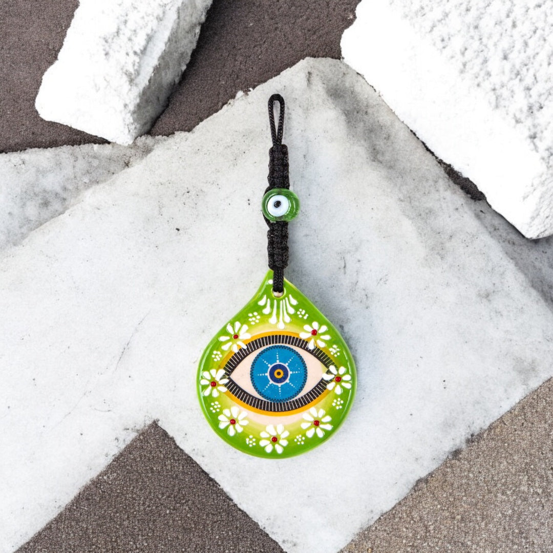 Mystic Teardrop,  Ceramic Evil Eye,  Wall Hanging Ornament, Green and Blue Design, Perfect Gift