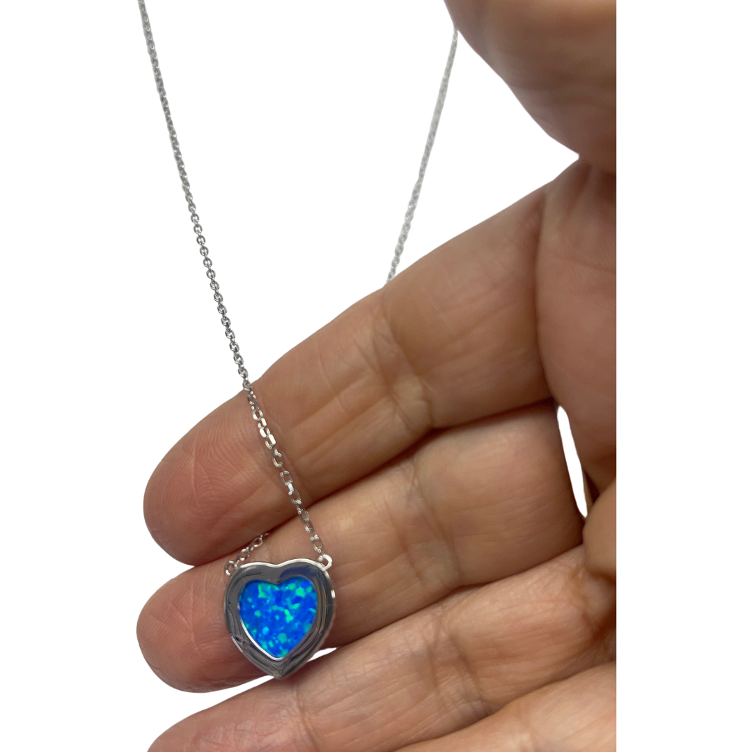 Stunning Blue Opal Heart Pendant Necklace with Zircon Border, Elegant Sterling Silver Jewelry Gift