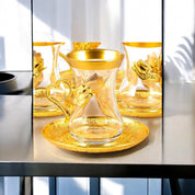 Golden Heart Turkish Tea Set – Elegant Glass and Metal Design with Heart Patterns