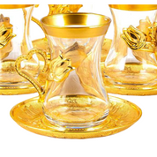 Golden Heart Turkish Tea Set – Elegant Glass and Metal Design with Heart Patterns