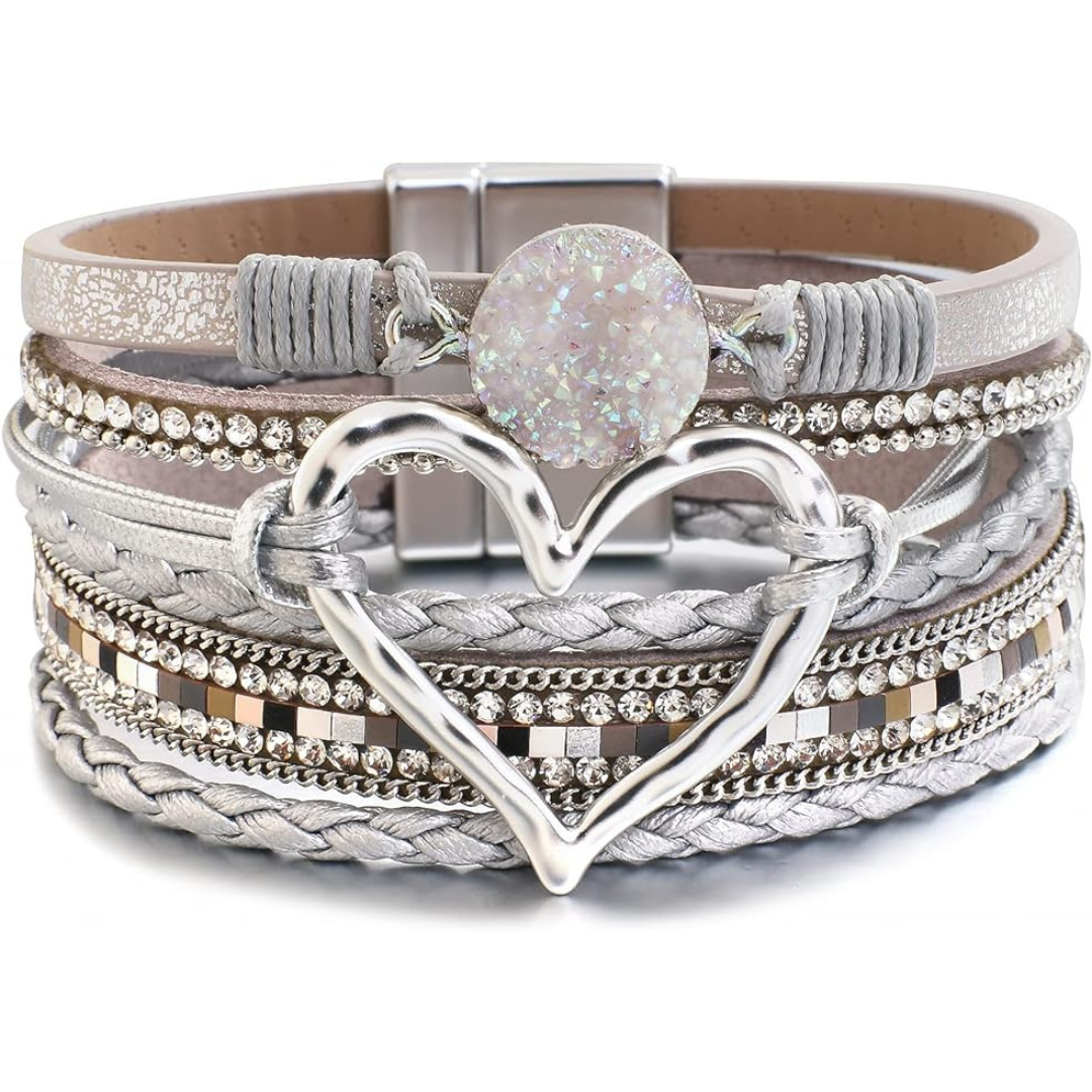 Heartfelt Harmony Leather Wrap Bracelet / Silver