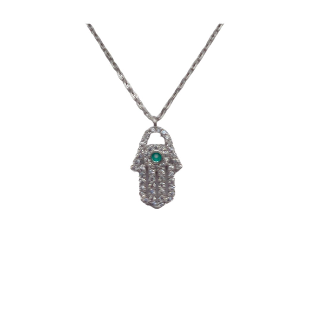 Sterling Silver, Necklace, Zircon, Hamsa, Evil Eye, Double Layer, Lobster Clasp