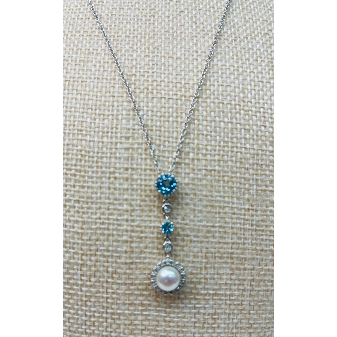 Soft Blue and Crystal Zircon Sterling Silver Pendant Necklace with Dangling Freshwater Pearl.