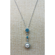 Soft Blue and Crystal Zircon Sterling Silver Pendant Necklace with Dangling Freshwater Pearl.