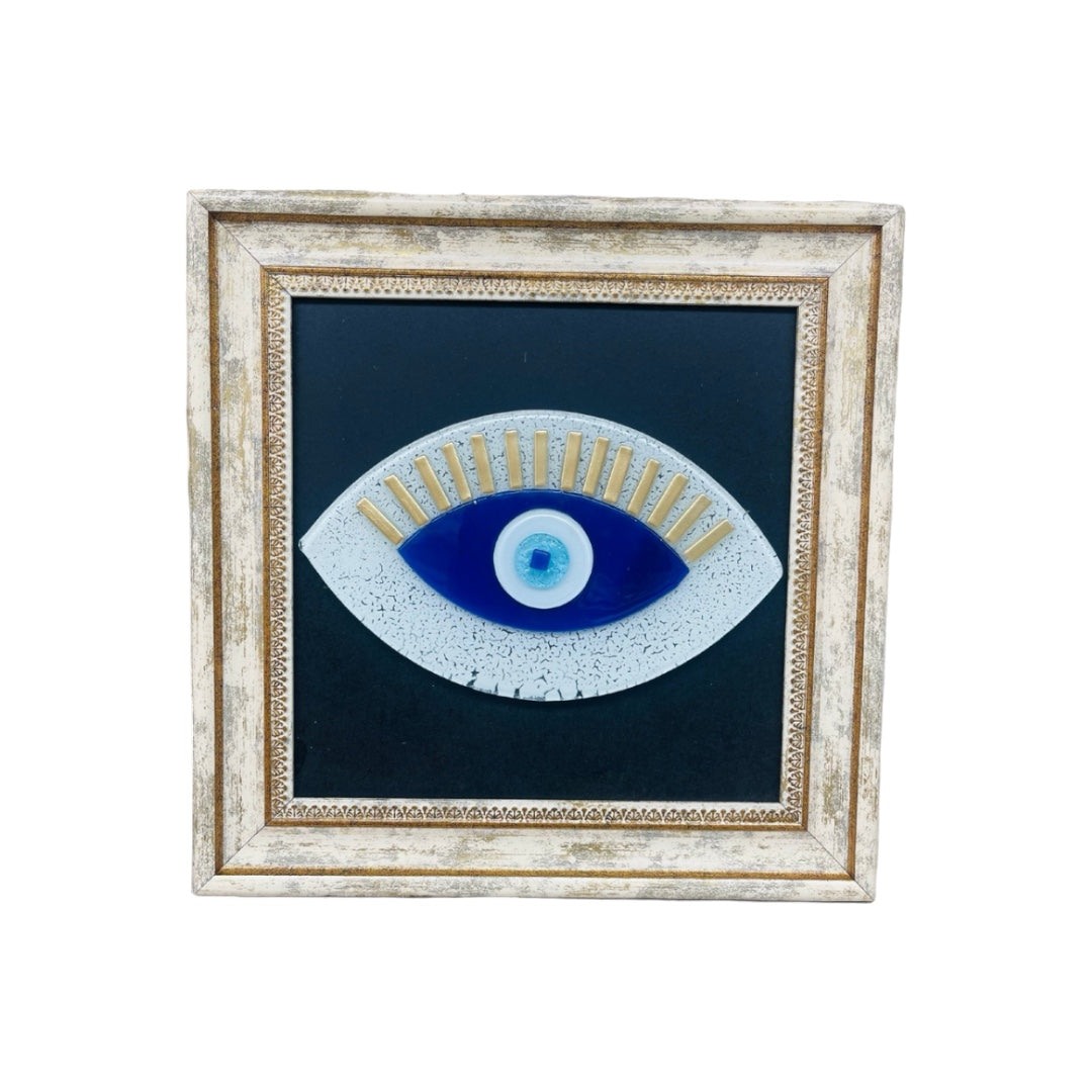 Framed White Evil Eye Wall Art – Fused Glass Protection Gift for Him & Her