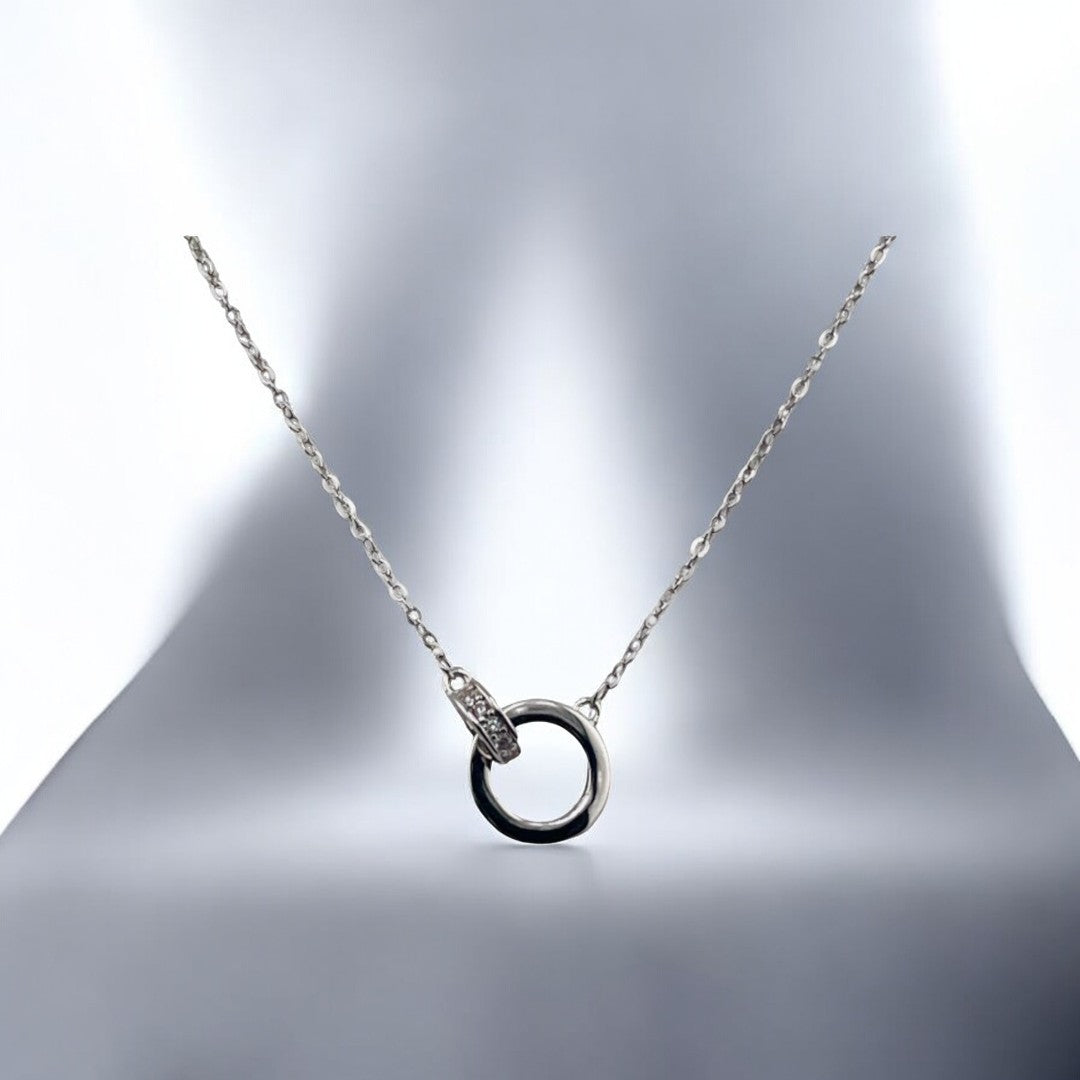 Sterling Silver, Pendant Necklace, Zircon Interlocked Rings, Minimalist, Jewelry, Necklace, Gift For Her, Modern Design