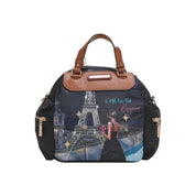 Tonight For You Nicole Lee Multi-Pocket Handbag,Nylon with Romantic Print, Vegan Leather Accents, Rhinestone