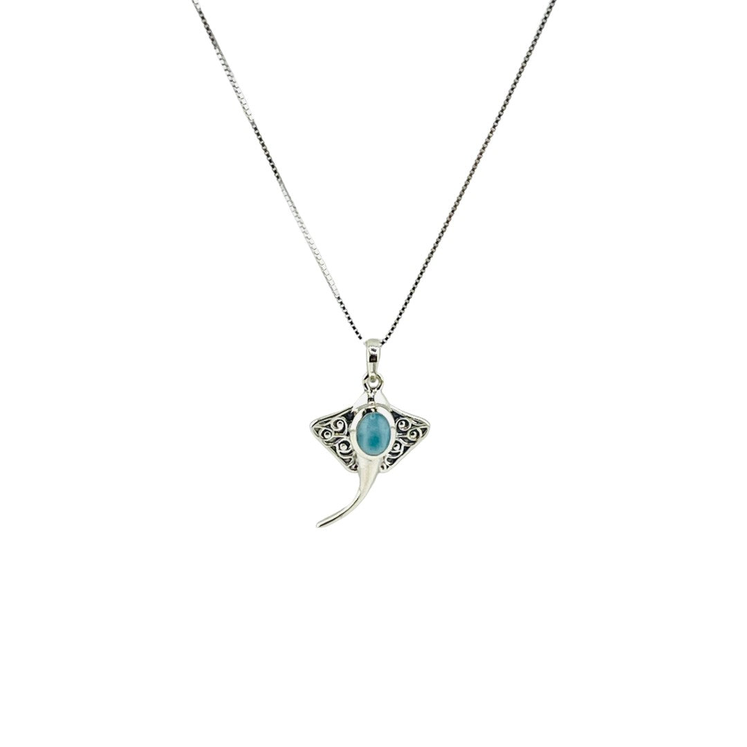 Stingray Pendant, Larimar Gemstone, Sterling Silver Necklace, Unique Ocean-Inspired Jewelry