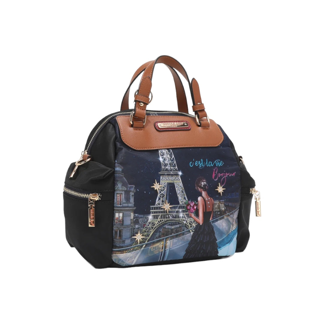 Tonight For You Nicole Lee Multi-Pocket Handbag,Nylon with Romantic Print, Vegan Leather Accents, Rhinestone