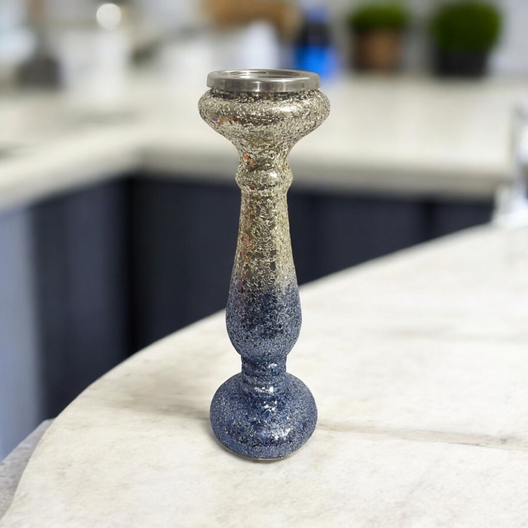 15" Silver Blue, Crackled Candle Holder