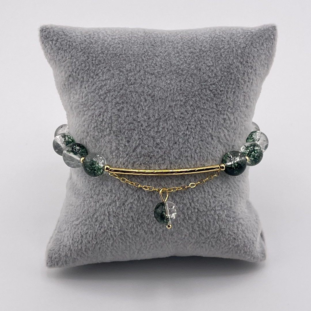 Elegant Green Glass Beaded Elastic Bracelet with Gold Chain Finish - Geometric Crystal Bead Design for Daily Wear and Special Occasions