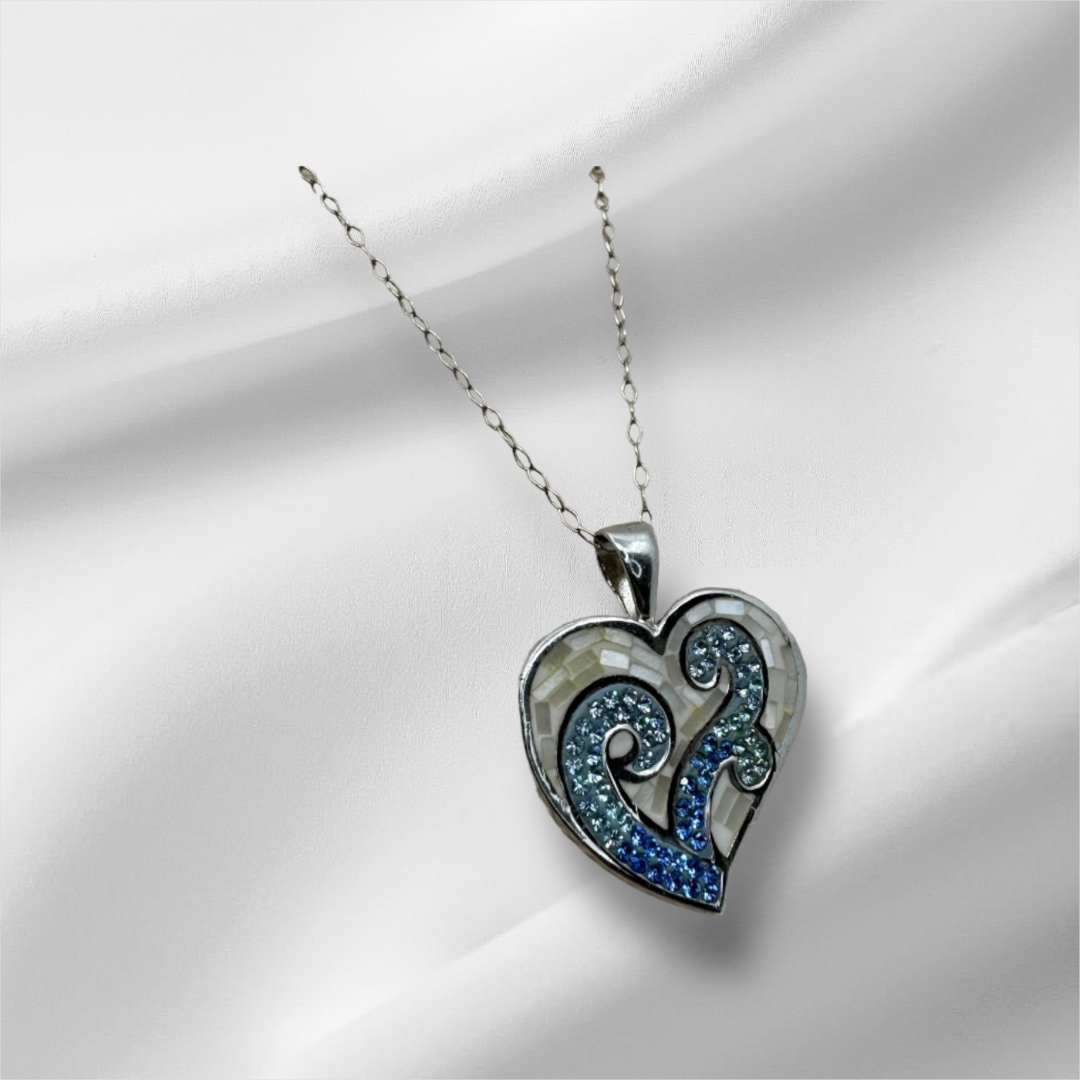 Sterling Silver, Mother of Pearl, Pendant Necklace, Ivory, Blue, Zircon, Heart Pendant, Gift for Her