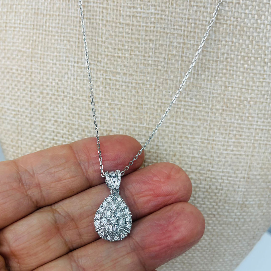 Zircon Cluster Sterling Silver Tear Drop Pendant Necklace