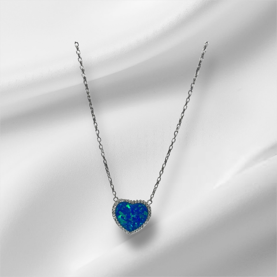 Stunning Blue Opal Heart Pendant Necklace with Zircon Border, Elegant Sterling Silver Jewelry Gift