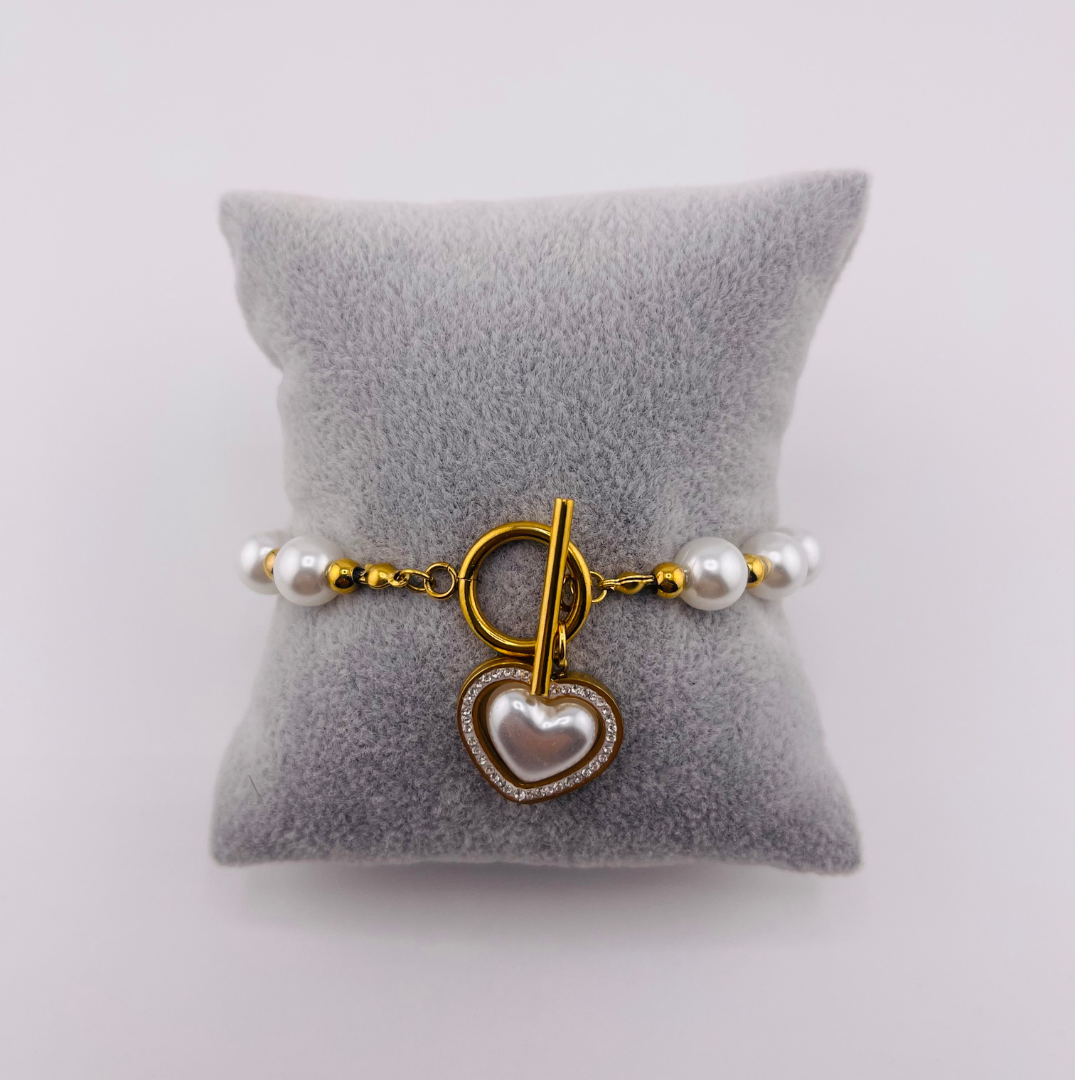 Heart Charm Freshwater Pearl Bracelet with Zirconia Stone - Gold Finish, Toggle Clasp