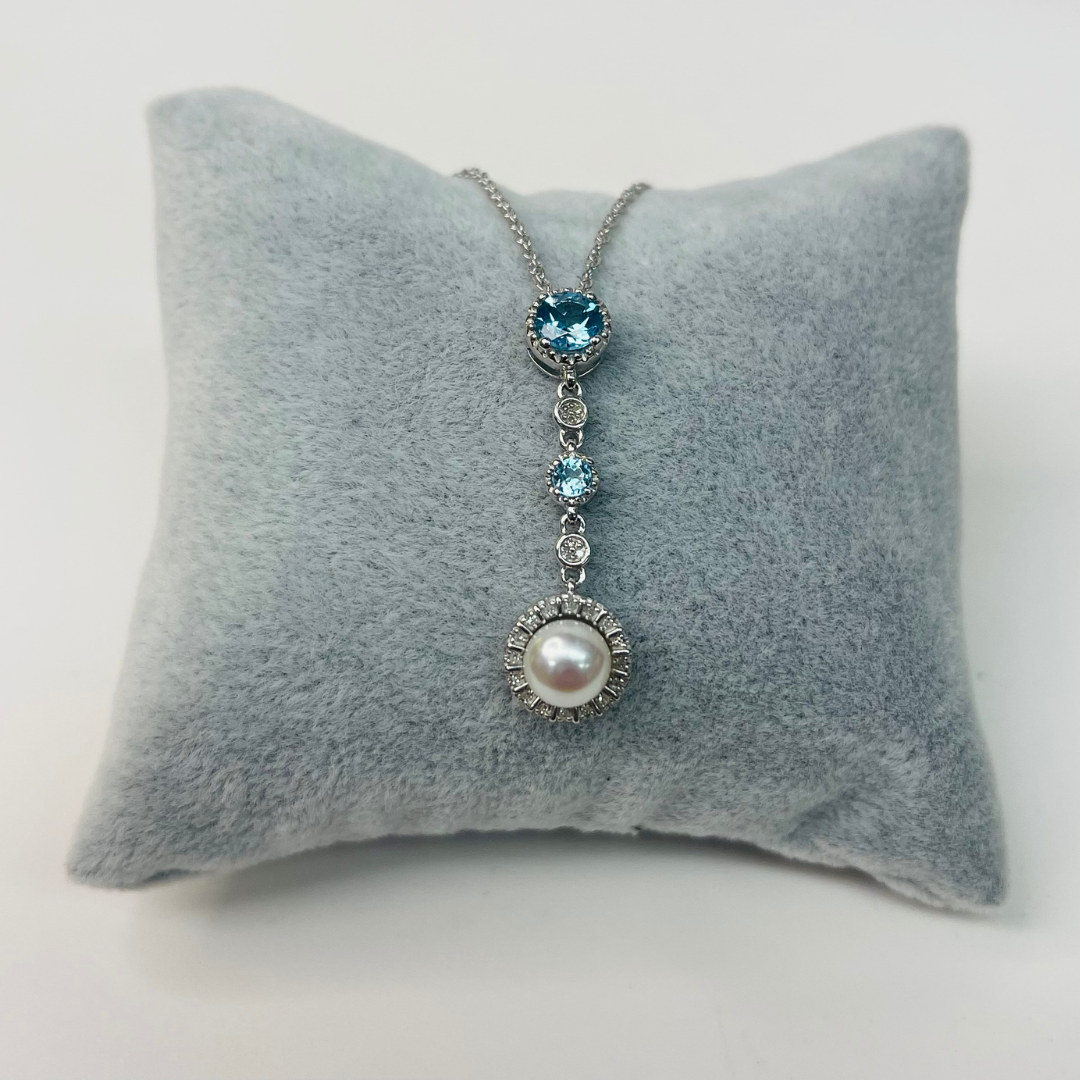 Soft Blue and Crystal Zircon Sterling Silver Pendant Necklace with Dangling Freshwater Pearl.