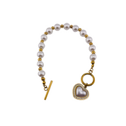 Heart Charm Freshwater Pearl Bracelet with Zirconia Stone - Gold Finish, Toggle Clasp