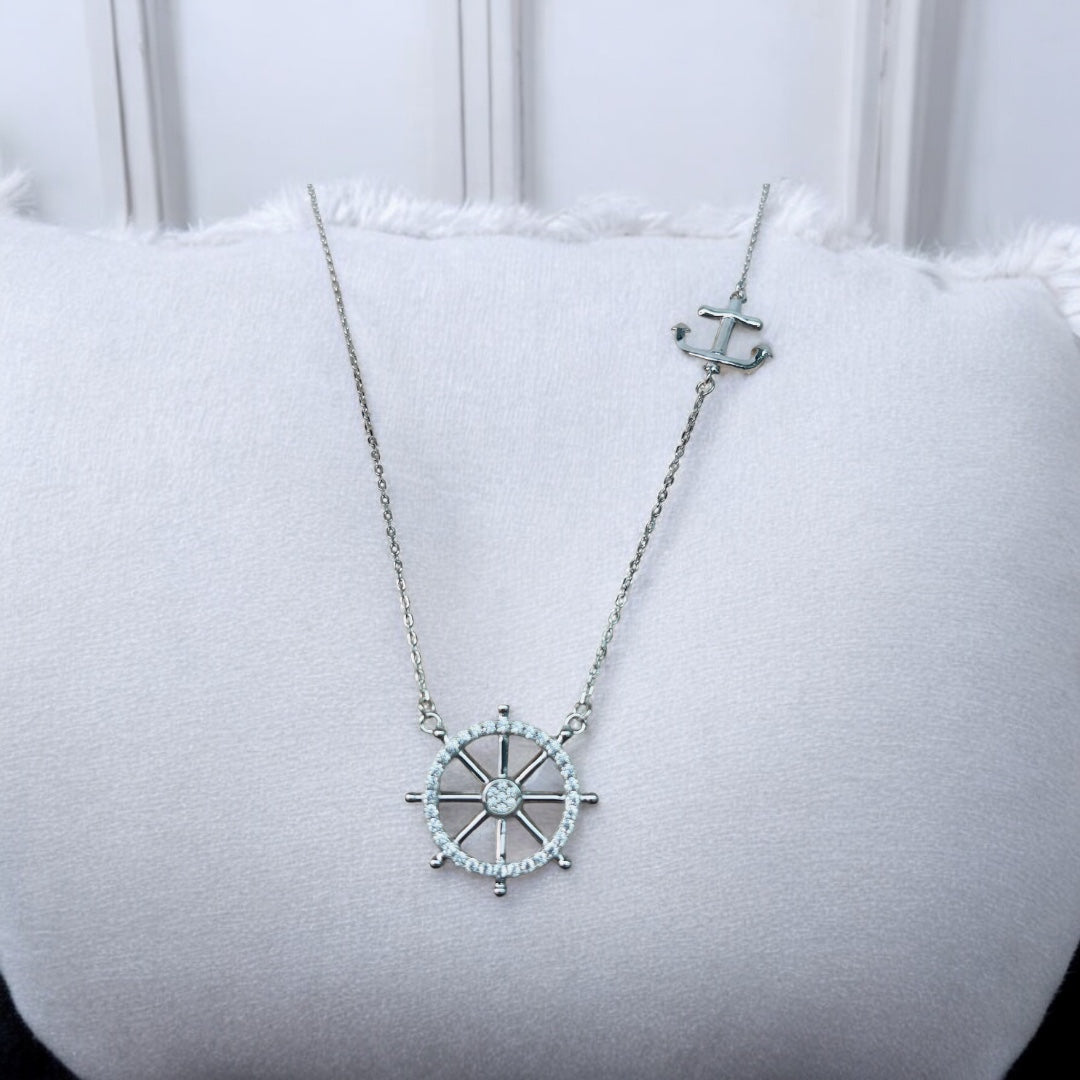 Cubic Zirconia Sterling Silver Wheel and Anchor Hang Tag Pendant Charm Necklace