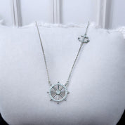 Cubic Zirconia Sterling Silver Wheel and Anchor Hang Tag Pendant Charm Necklace