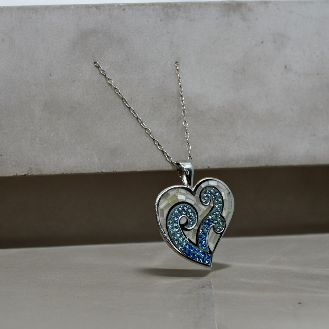 Sterling Silver, Mother of Pearl, Pendant Necklace, Ivory, Blue, Zircon, Heart Pendant, Gift for Her