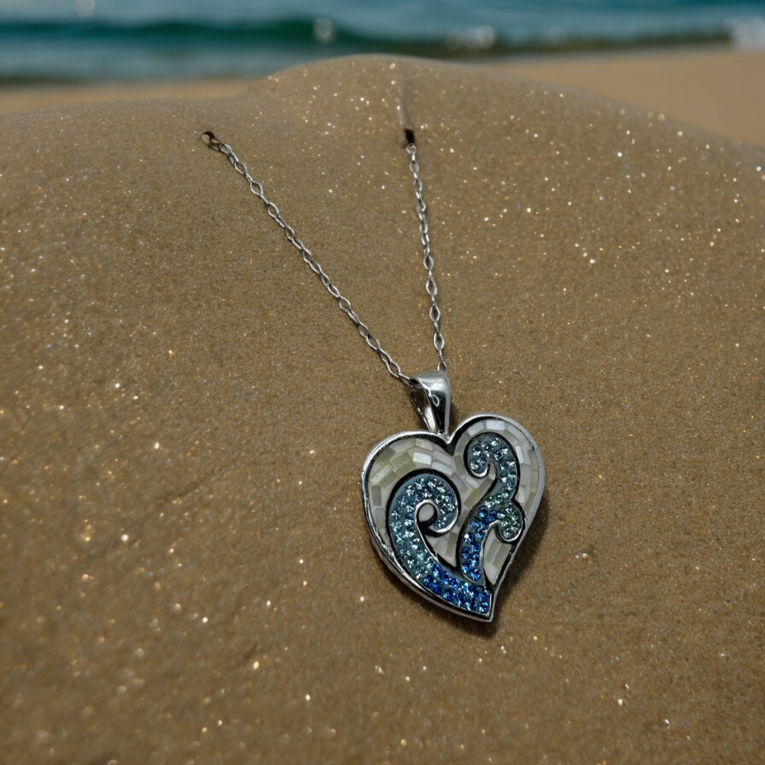 Sterling Silver, Mother of Pearl, Pendant Necklace, Ivory, Blue, Zircon, Heart Pendant, Gift for Her