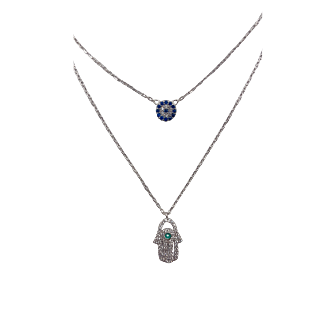 Sterling Silver, Necklace, Zircon, Hamsa, Evil Eye, Double Layer, Lobster Clasp