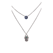 Sterling Silver, Necklace, Zircon, Hamsa, Evil Eye, Double Layer, Lobster Clasp