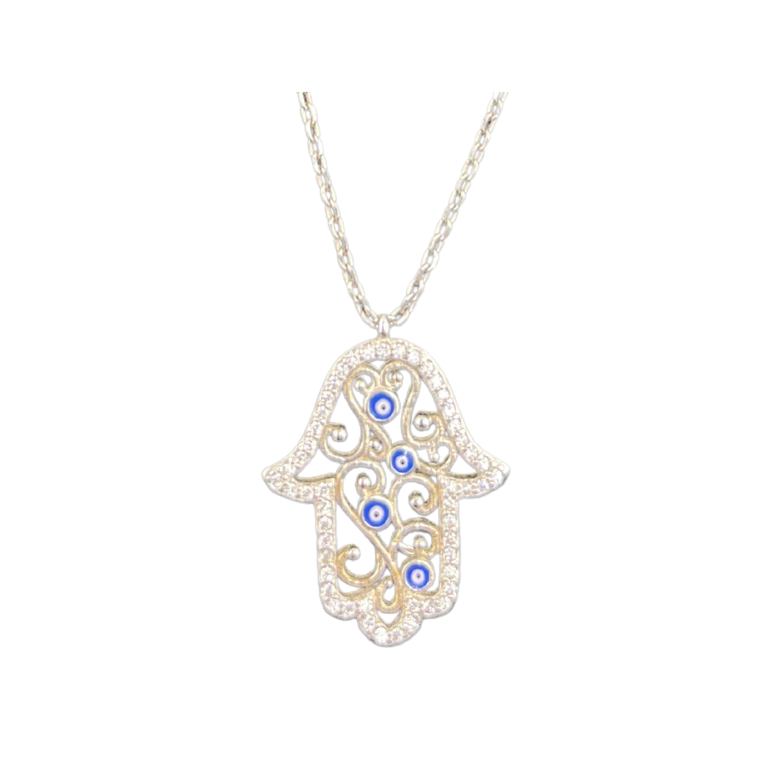 Sterling Silver, Pendant Necklace, Hamsa, Zircon, Blue, Evil Eye, Lobster Clasp