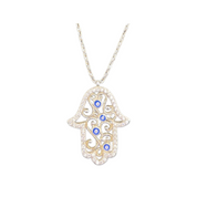 Sterling Silver, Pendant Necklace, Hamsa, Zircon, Blue, Evil Eye, Lobster Clasp