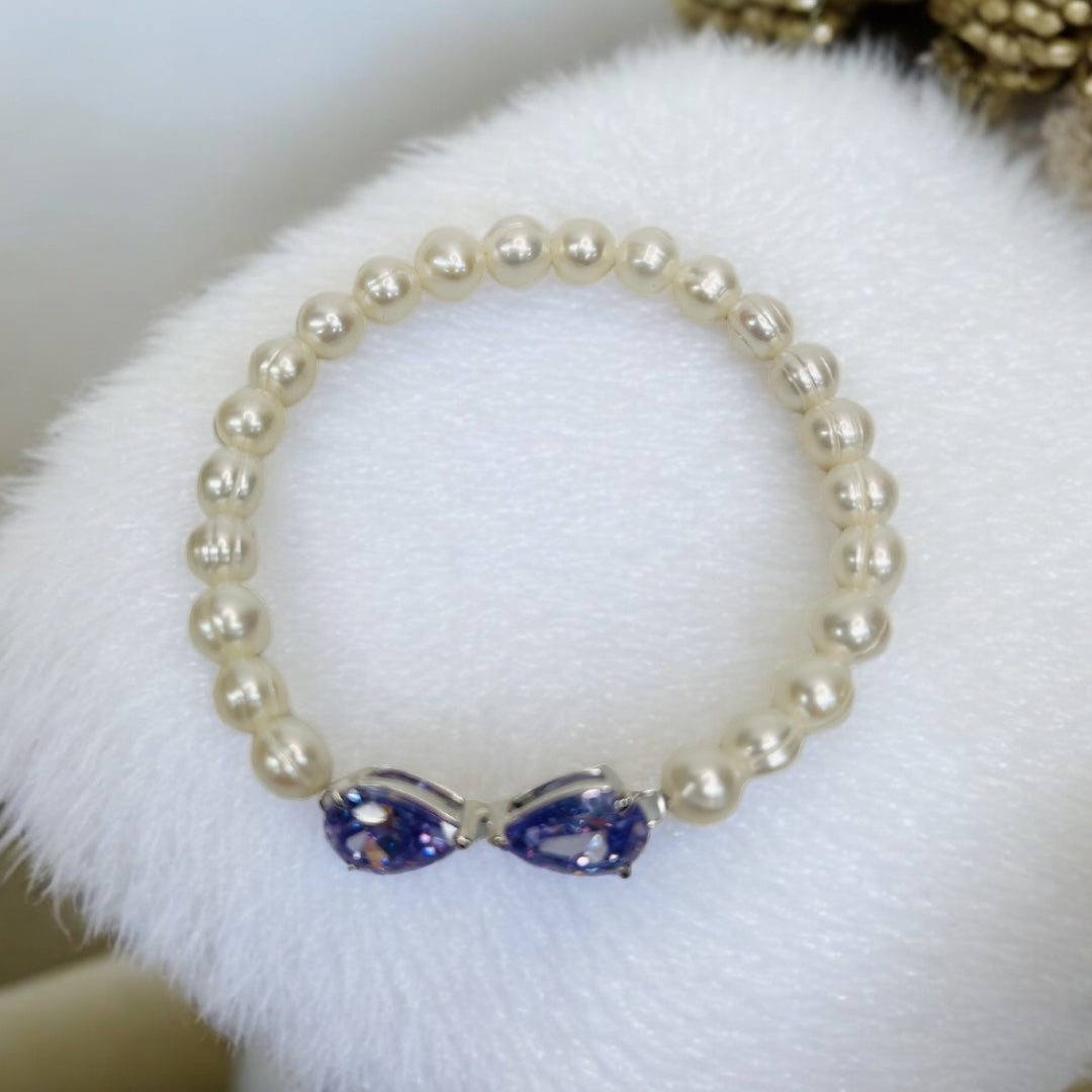 Lilac Dream Purple Honora  Ivory Freshwater Pearl Bow Zircon Bracelet - Sterling Silver, Elegant Jewelry 