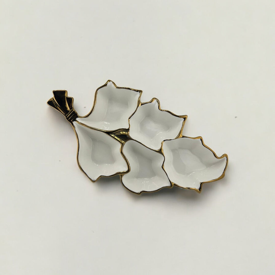 White, Gold Trim, Leaf Shaped, 4-Section, Appetizer Plate, Elegant Party Plate (Copy)