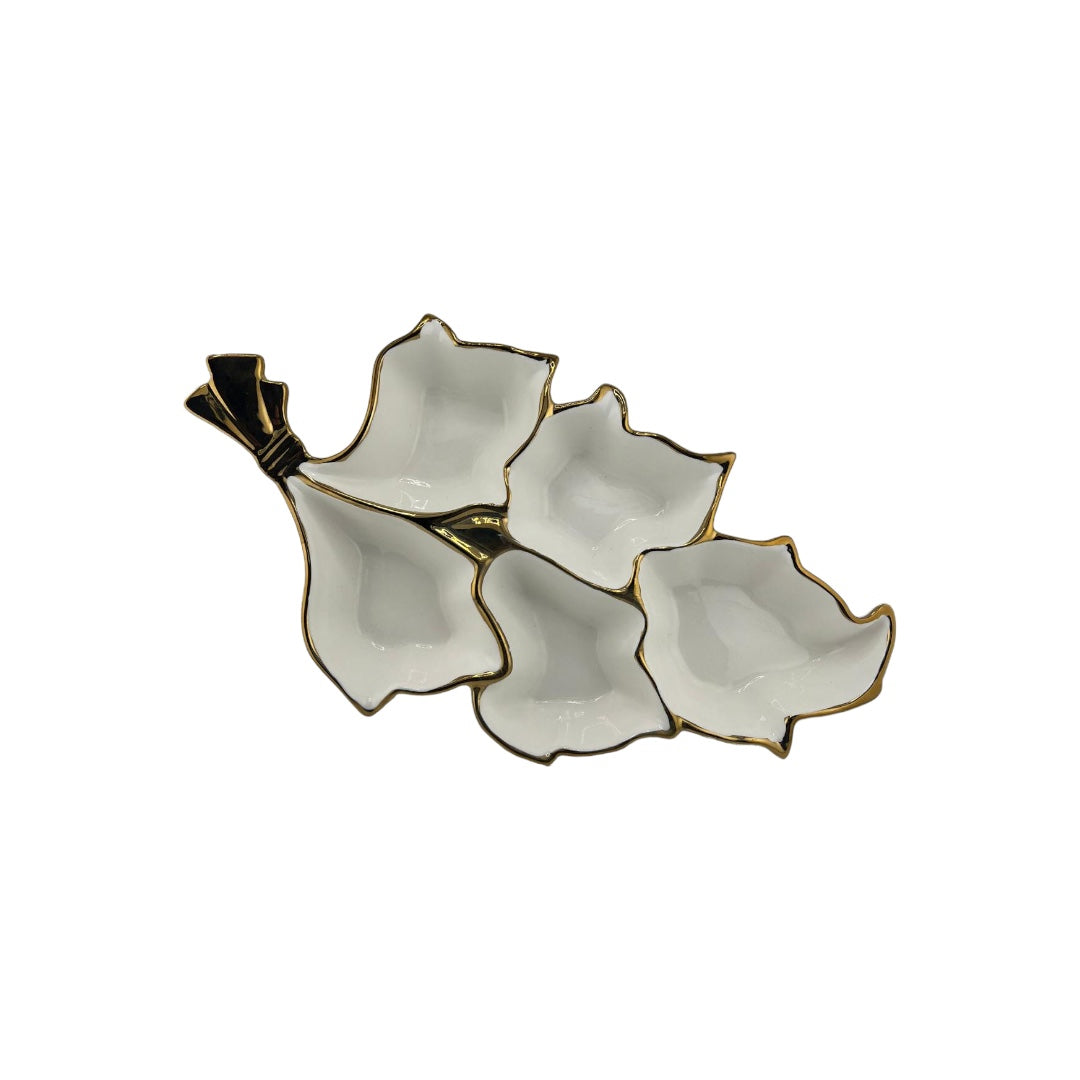 White, Gold Trim, Leaf Shaped, 4-Section, Appetizer Plate, Elegant Party Plate (Copy)