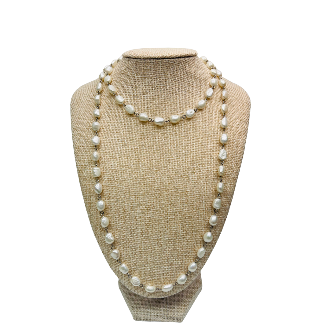 Ivory, Freshwater Pearl, Extra Long Necklace, Sterling Silver Links, Gift for Her