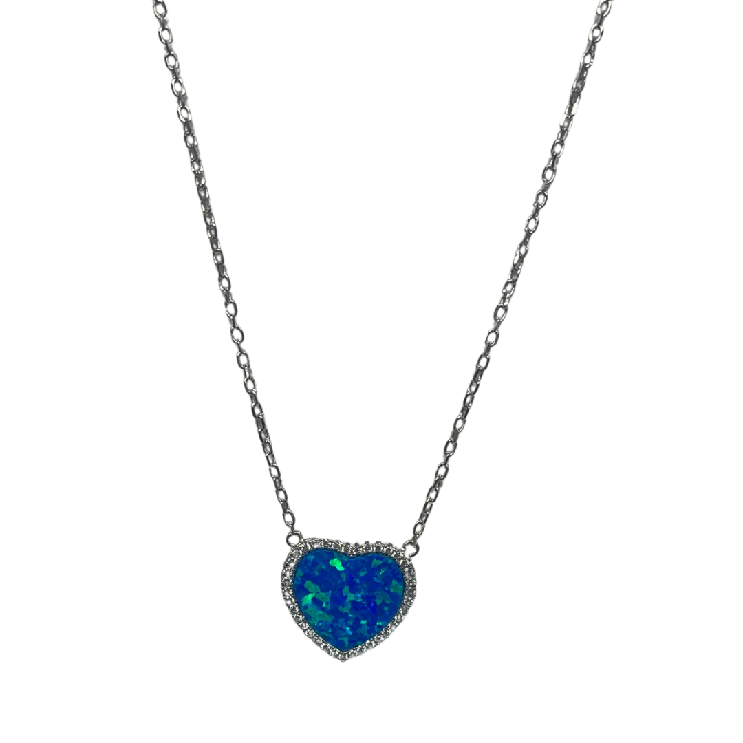 Stunning Blue Opal Heart Pendant Necklace with Zircon Border, Elegant Sterling Silver Jewelry Gift