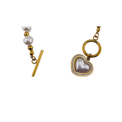 Heart Charm Freshwater Pearl Bracelet with Zirconia Stone - Gold Finish, Toggle Clasp