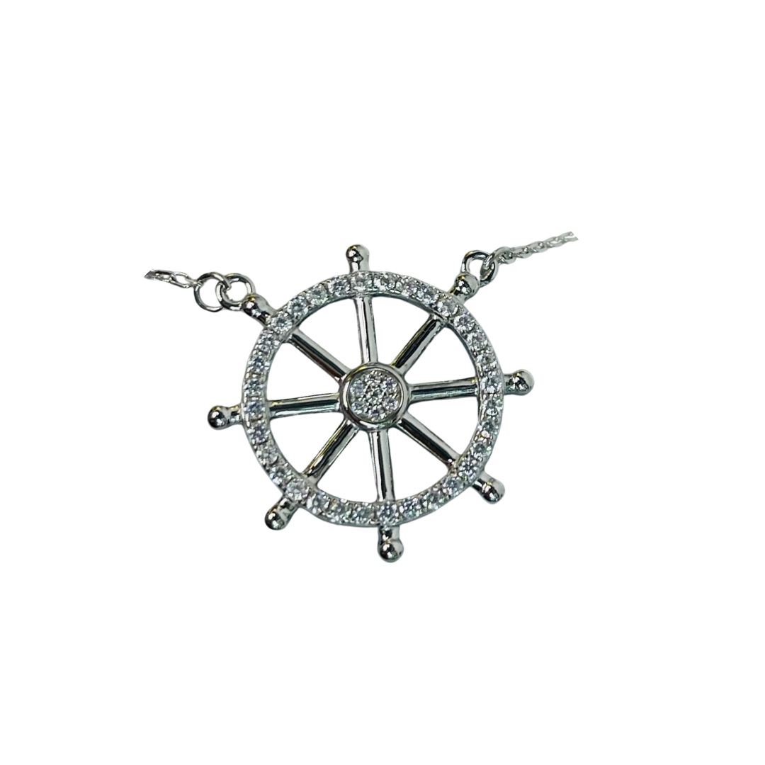 Cubic Zirconia Sterling Silver Wheel and Anchor Hang Tag Pendant Charm Necklace