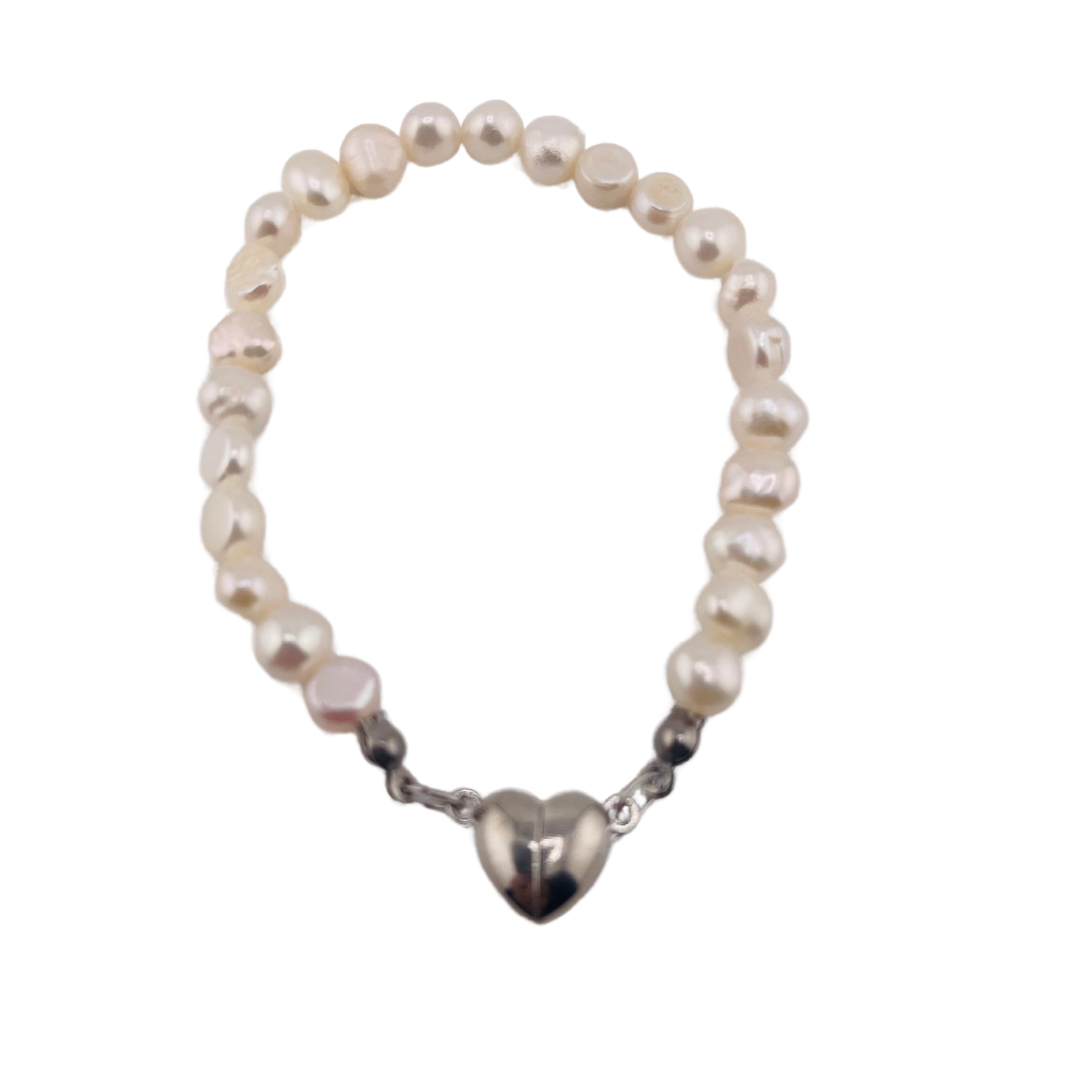 White Faux Pearl Bracelet with Heart-Shaped Magnetic Clasp - Silver Finish