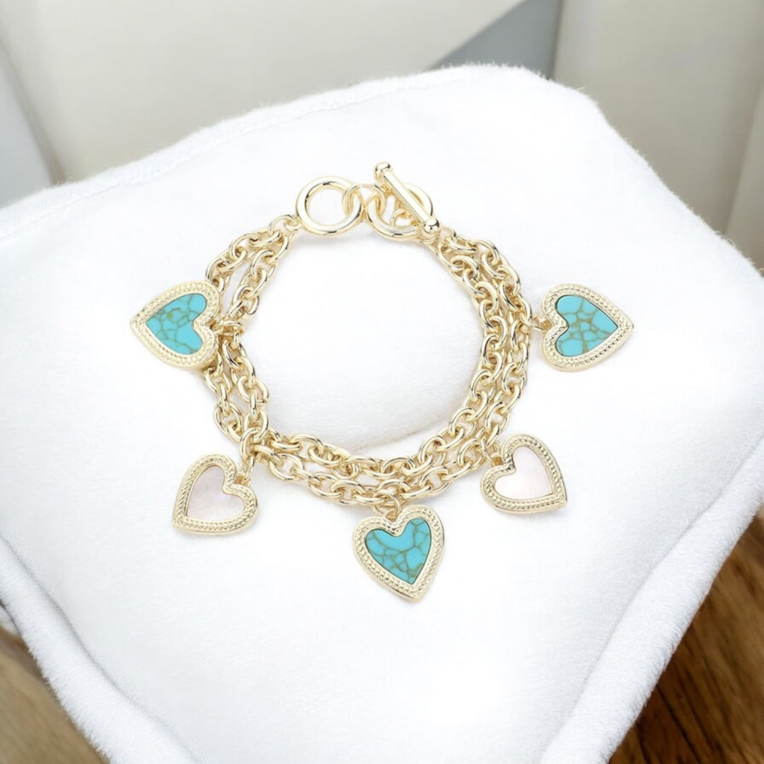 Gold Tone, Faux Pearl, Turquoise Color, White Color, Heart Charm,  Layered Toggle Bracelet,  Elegant, Multi-Strand, Secure Clasp, Gift for Her