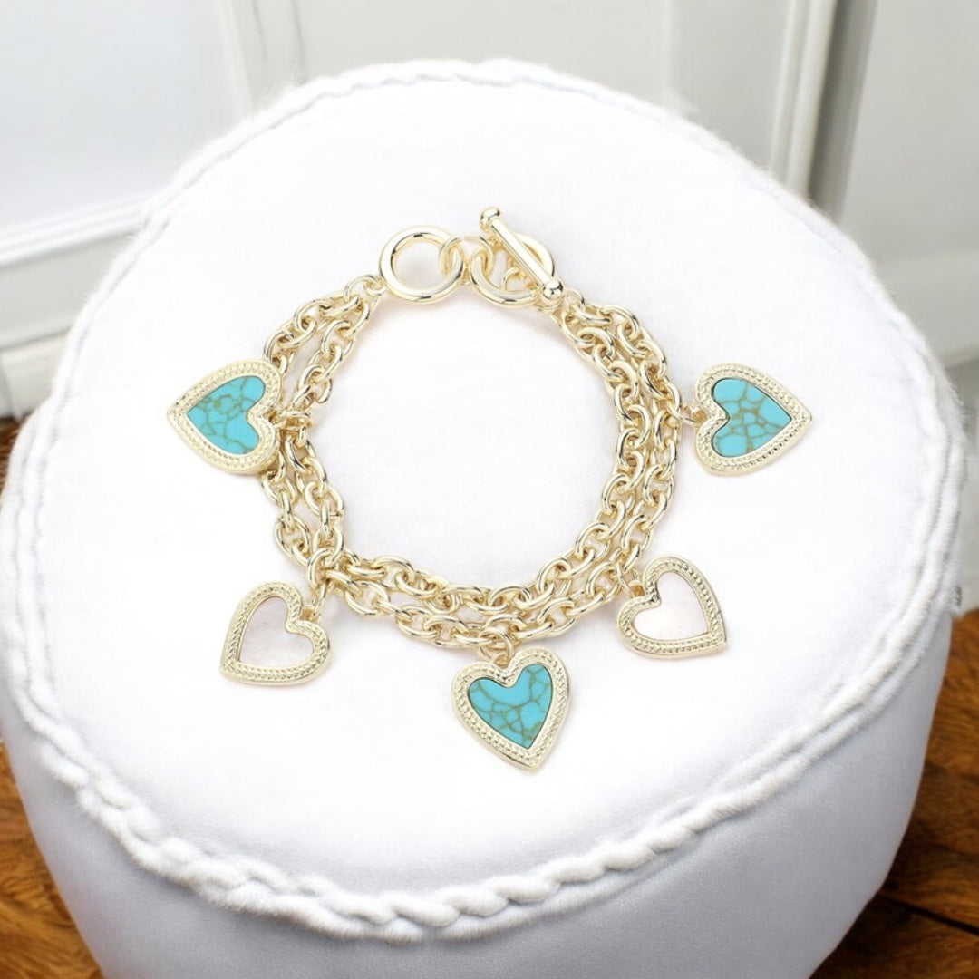 Gold Tone, Faux Pearl, Turquoise Color, White Color, Heart Charm,  Layered Toggle Bracelet,  Elegant, Multi-Strand, Secure Clasp, Gift for Her