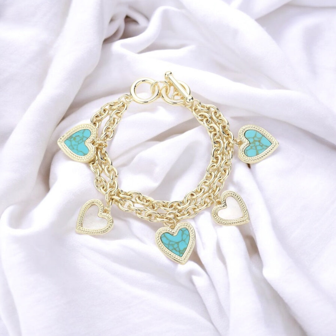 Gold Tone, Faux Pearl, Turquoise Color, White Color, Heart Charm,  Layered Toggle Bracelet,  Elegant, Multi-Strand, Secure Clasp, Gift for Her