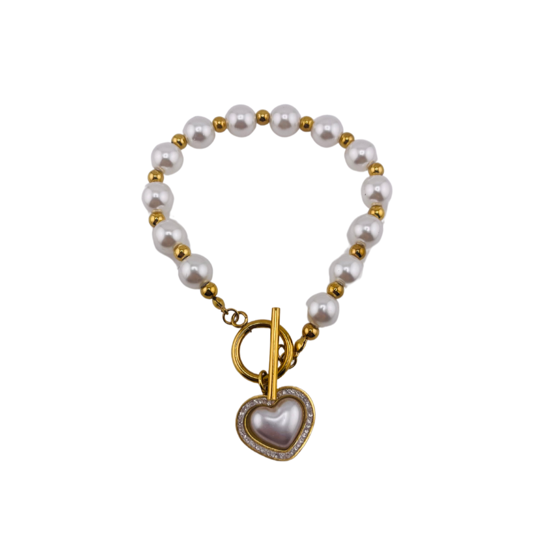 Heart Charm Freshwater Pearl Bracelet with Zirconia Stone - Gold Finish, Toggle Clasp